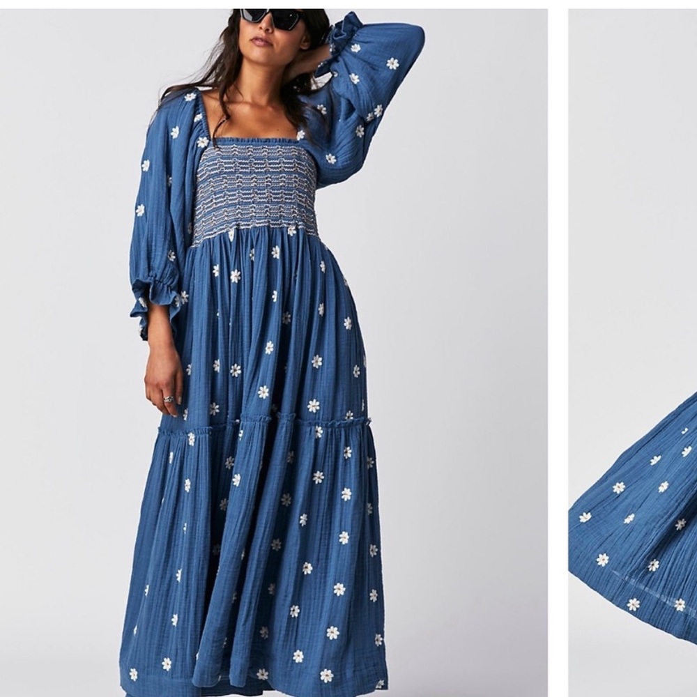 Free People Blue Floral Smocked Maxi Dress